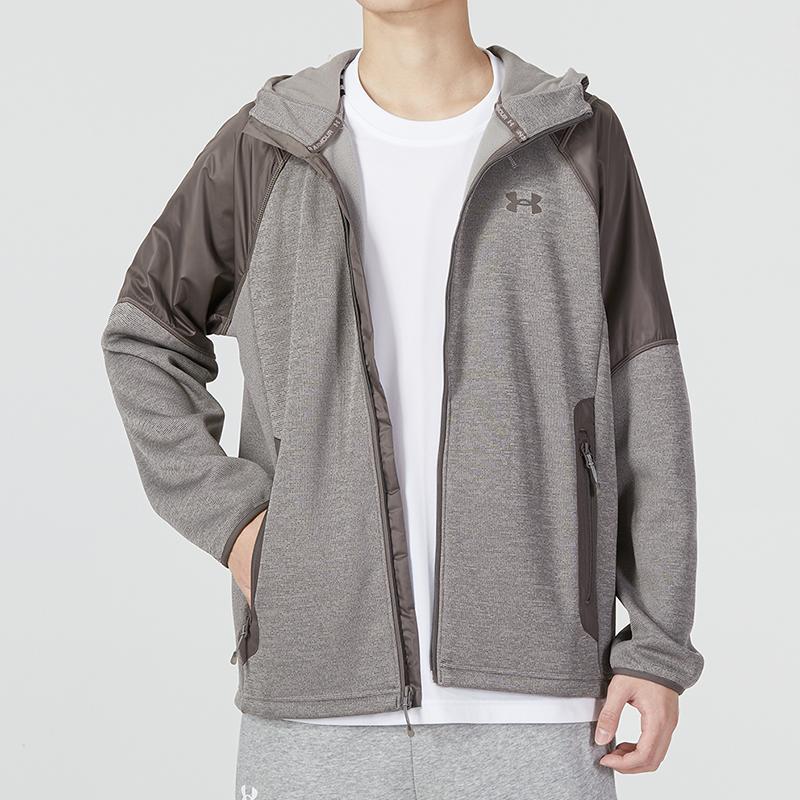 Under Armour Essential Swacket Colorblock Logo Patch Sports Casual Hooded Warm Jacket Men Outerwear Grey 1357475-176