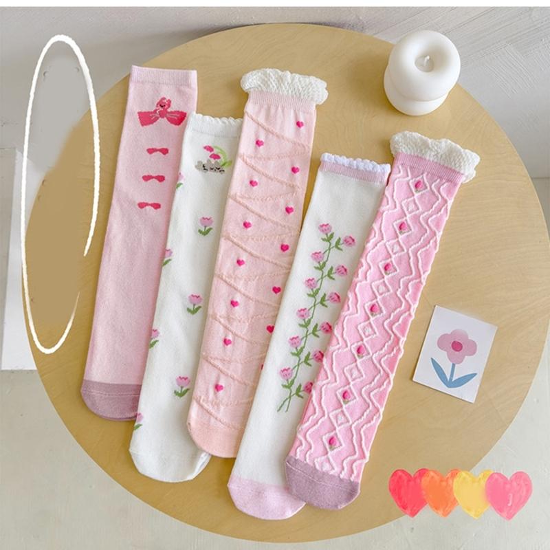 Children's Knee Length Cotton Socks Baby Girls Long Tube Socks Soft Stockings Flower Pattern for School Uniforms