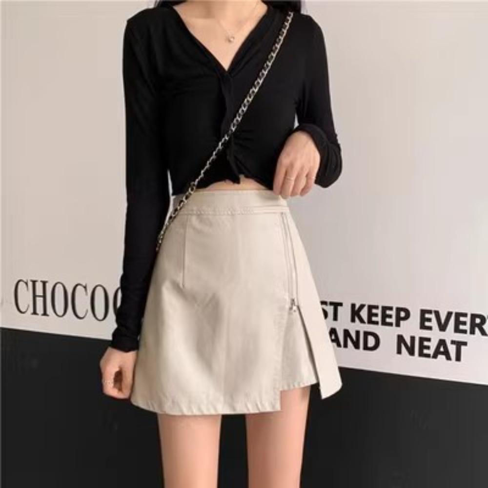 Women's High Waist A‑Line Mini Skirt Irregular PU Mini Skirt Side Zipper Casual Bottoms
