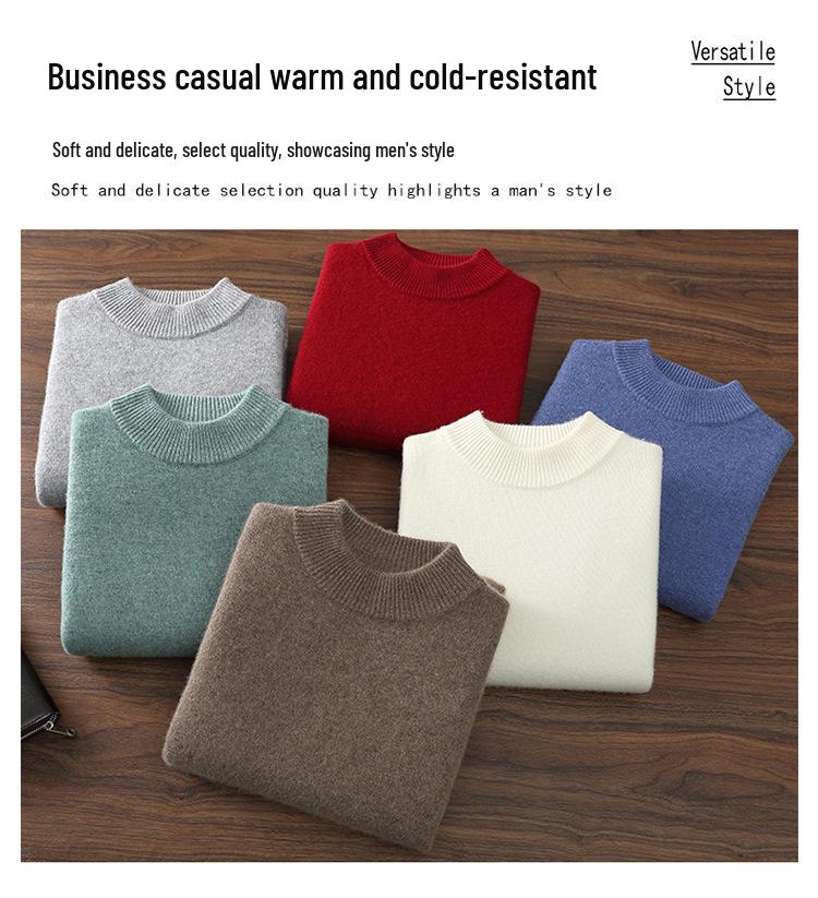 Men's Double-Thick Lamb Cashmere Sweater, Solid Color, Round Neck, Autumn/Winter Base Layer.