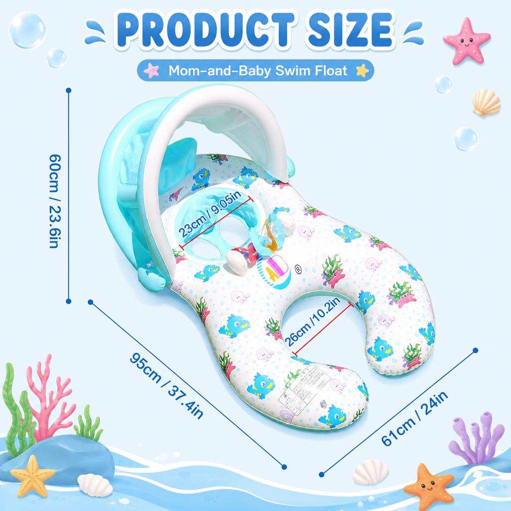 1PC Parent Child Baby Pool Float with Removable Canopy, Inflatable Swim Ring Seat Backrest, Sunshade Water Toy for Swimming Pool