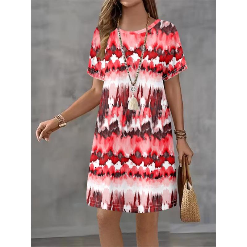 Ladies' Summer Striped Gradient Printed Short Sleeve Round Neck Dress Fashion Design Elegant Temperament Women Mini Casual Dress