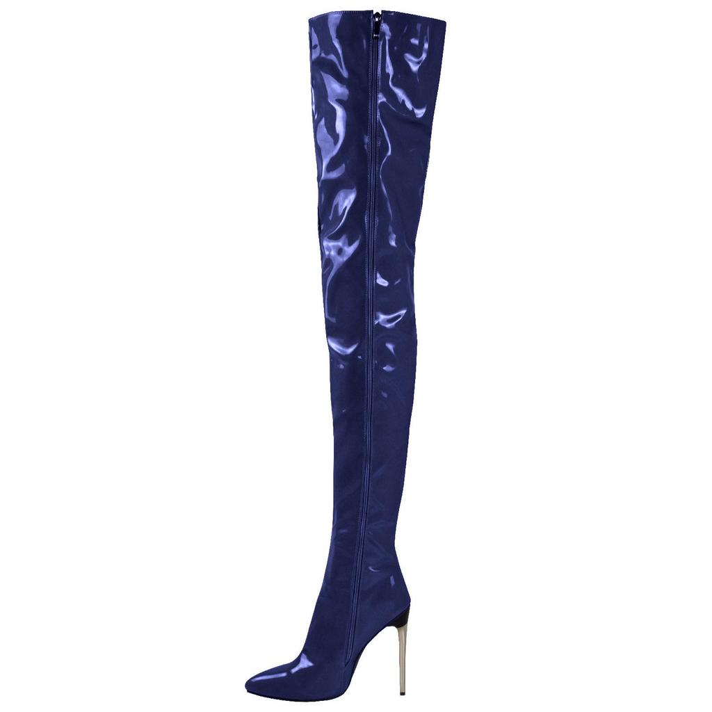 Sexy Damen-Overknee-Stiefel, Mädchen-High-Heel-Stiefel, plissiertes Lackleder, Motorrad, spitze Zehen, Reißverschluss-Schuhe