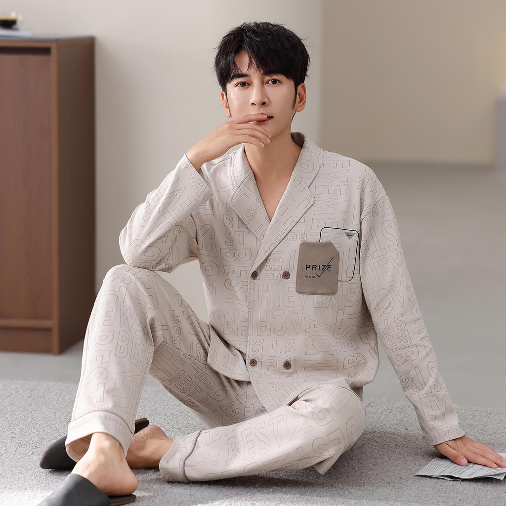 Pure Cotton Pajamas Men'S Spring And Autumn Long-Sleeved Trousers Cardigan Loose And Wearable Loungewear Suit