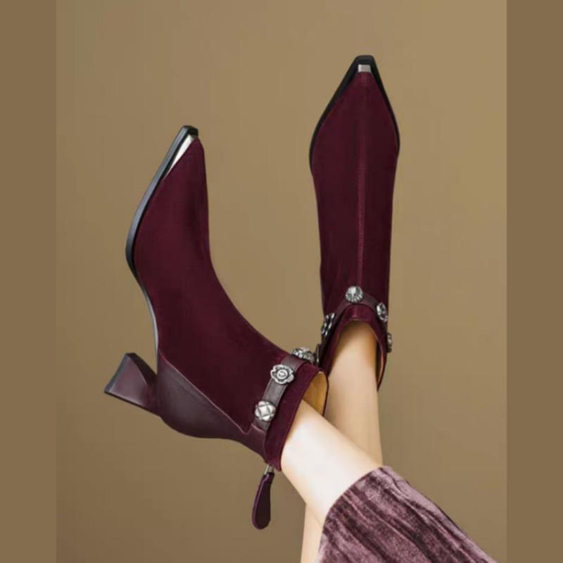 Square Heel Metal Buckle Booties Fashion Pointed Toe Rear Zipper Anti-slip Wear-resistant Single Shoes