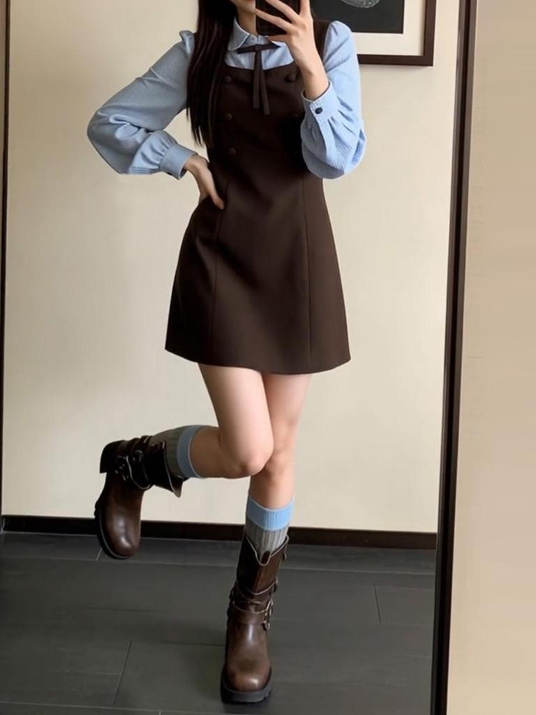 Women's Winter 2026 Korean Style Two-Piece Suspender Shirt Dress Set