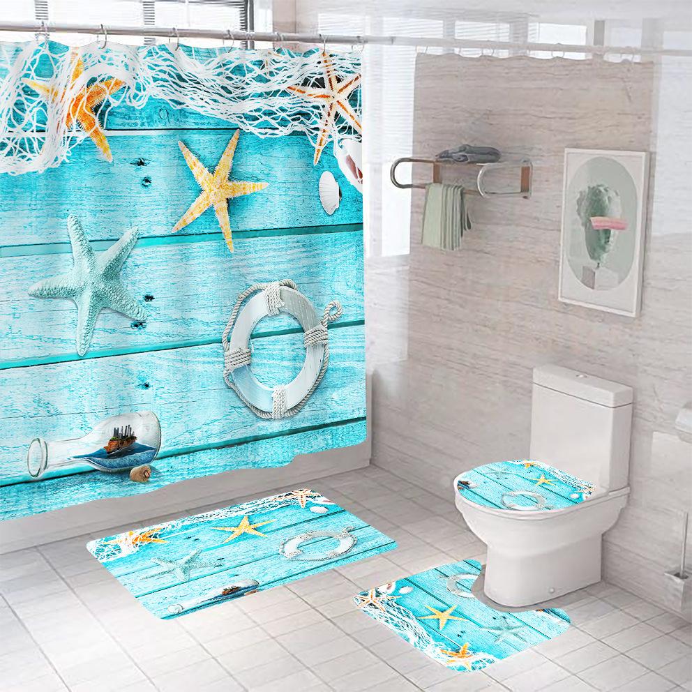 Bathroom Shower Curtain Four-piece Digital Printing Beach Shell Waterproof Shower Curtain Shower Curtain Partition Curtain Bath Mat
