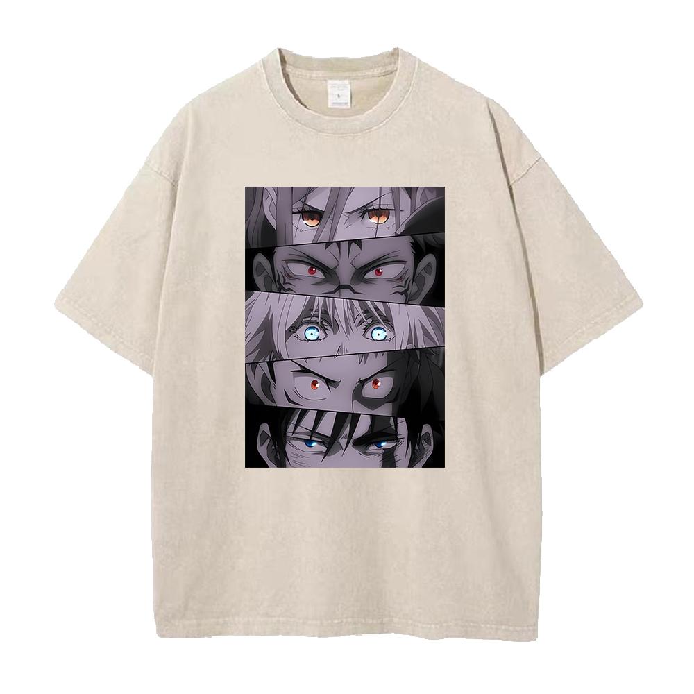 Anime Jujutsu Kaisen Gojo Satoru Itadori Yuji Fushiguro Megumi Print Washed T-shirt Men Women Washed Cotton Tshirts Harajuku Tee