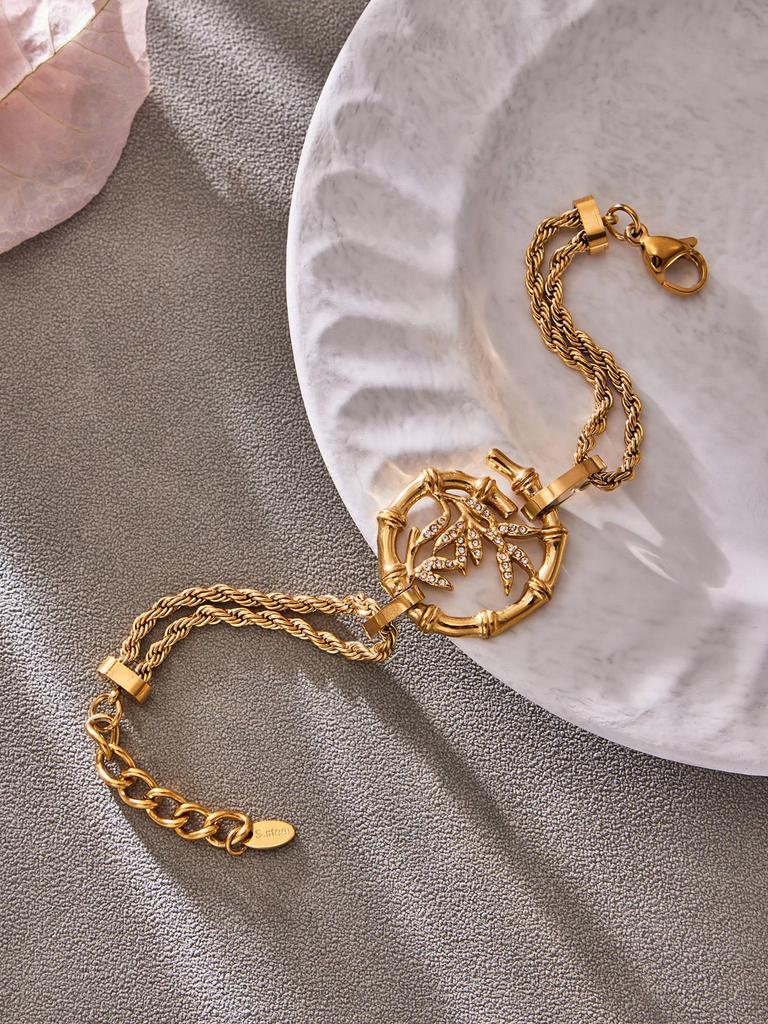 Elegant Bamboo & Diamond Pendant Necklace Bracelet with Freshwater Pearls On a Luxurious Braided Chain