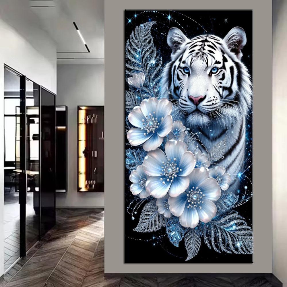 Beautiful White Tiger and Flowers Picture DIY Diamond Painting Cross Stitch Full Drills Diamond Mosaic New Collection Home Decor