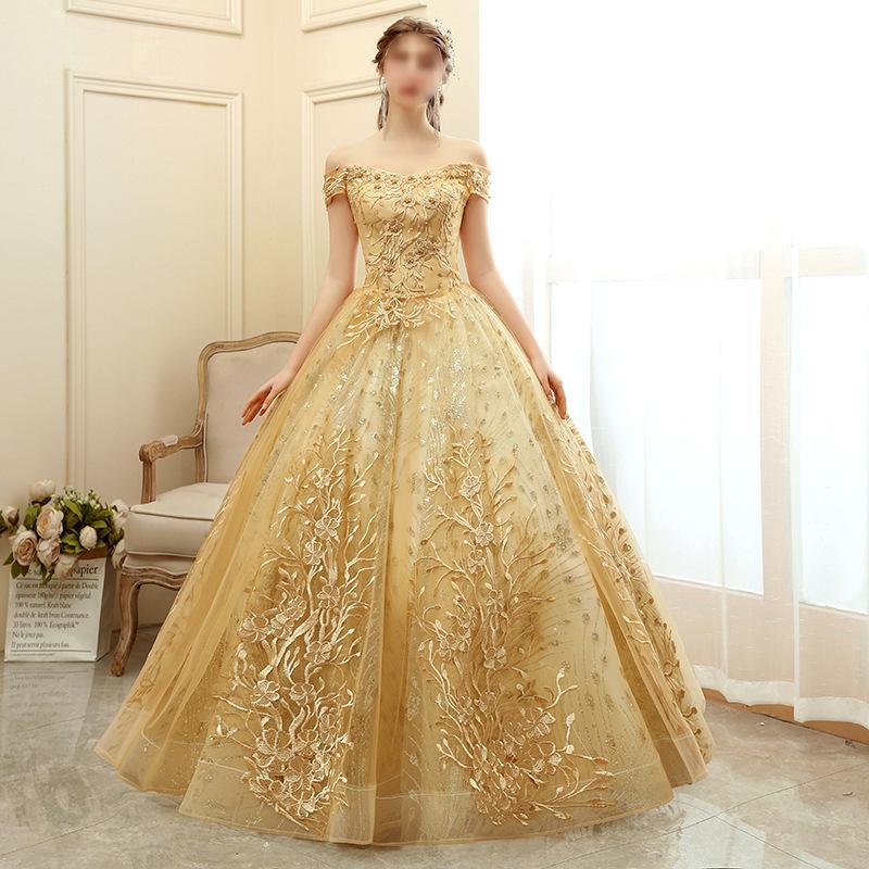 Golden evening dress women's 1011 new atmospheric stage performance tutu skirt long host company annual meeting dress