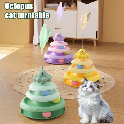 Rotating Cat Toy with 3-Tier Hollow Tracks Colorful Balls Detachable Portable Playground for Cats Interactive Cat Stick Turntable for Boredom Relief