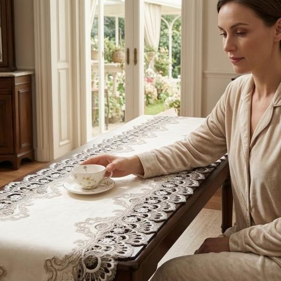 Lace Table Runner, Vintage Lace Dining Table Runner, Non Slip Coffee Table Runners, Waterproof Oil-Proof Table Runner with Exquisite Lace for Dining