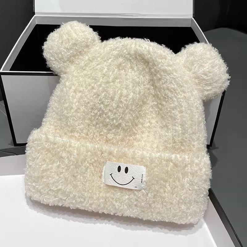Autumn and winter hat female cute cartoon bear ears plush bucket hat plush thickened warm lamb wool basin hat