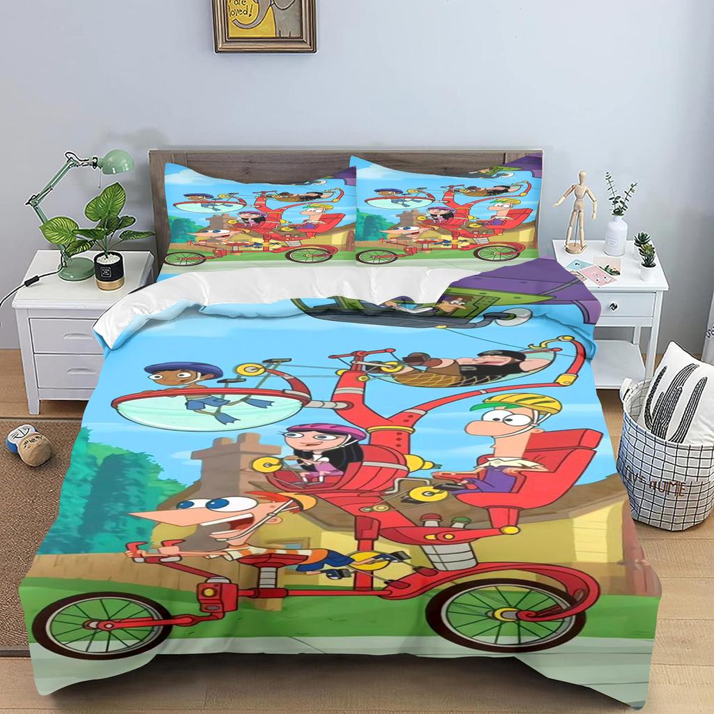 Phineas and Ferb Quilt Cover Cartoon Printed Polyester Duvet for Children Bedroom Anime Cozy Room Bedding Various Sizes