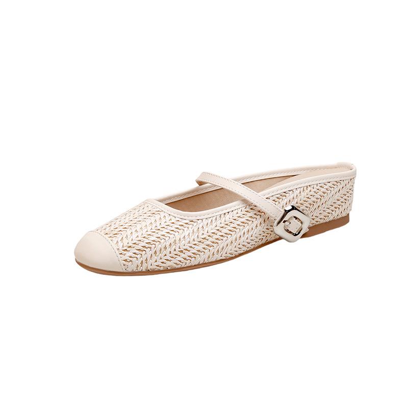 Grape Mother of the Same Style, Holiday Style Straw Woven Square Head Cool Slippers Lazy Half Drag Women Inner Height 2025 Summer New