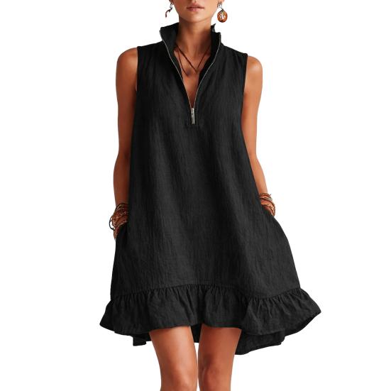 Women's Sleeveless Mini Dress, Half Zipper Stand Collar Ruffle A-line Dress, Summer Casual Flowy Beach Vacation Sundress