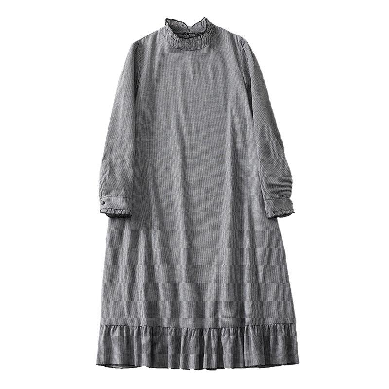 2025 Spring Artistic Retro Loose Casual Houndstooth Pleated Patchwork Dress
