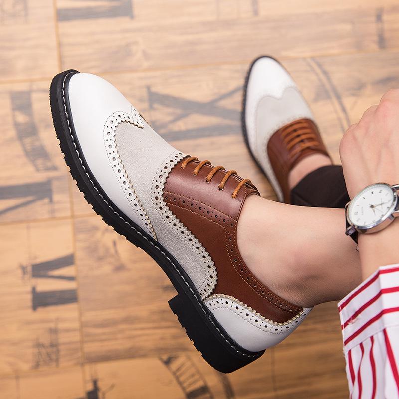 Men s Retro Brogue Leather Carved Color Block Casual Shoes - Large Size Korean Style 46