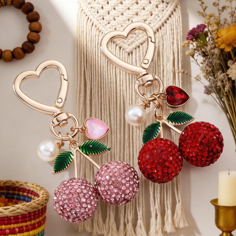 1PC Exquisite Diamond Full Cherry Love Pearl Alloy Elegant Sweet Wind Bag Hanging Decoration Commemorative Gift Bag Charm