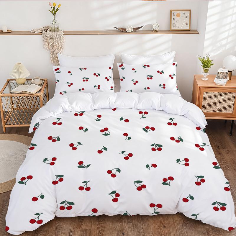 Grosstor Unisex Red/White 3Pc Background Cherry Duvet Cover Set With Fruit Print Pattern (1 Duvet Cover+2 Pillowcases),Soft To The Touch