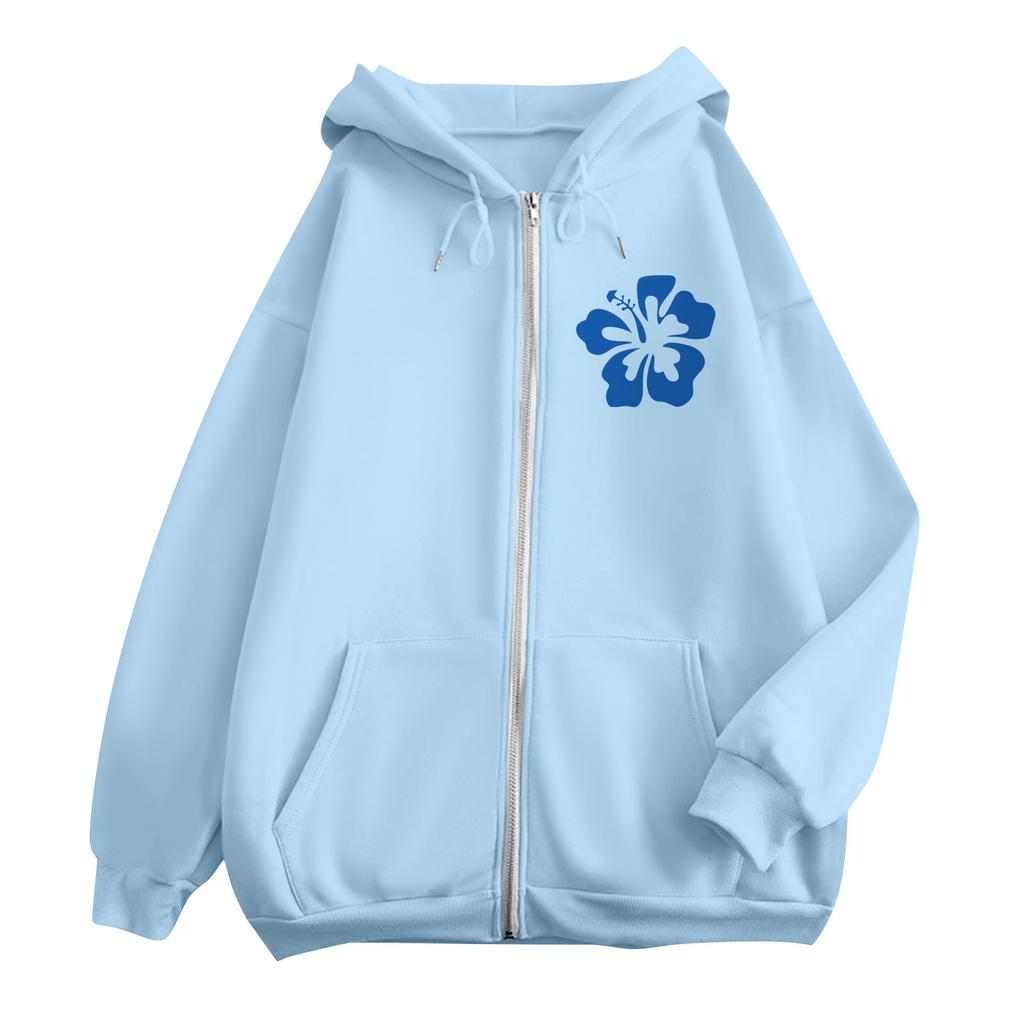 Women's Zip Up Hoodies Teen Girls  Flowers Printed Sweatshirt Clothing Casual Drawstring Jacket With Pockets