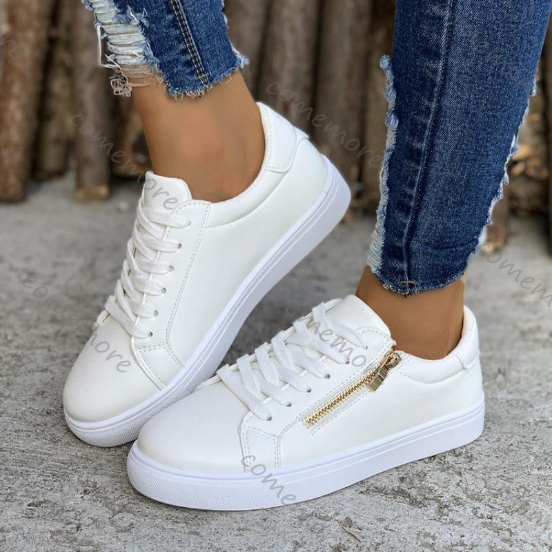 Fashion Comemore Women's Flat Bottom Sneakers Fashionable Leather Side Zip White Black Casual Tennis Female Autumn Lace Up Zapatillas