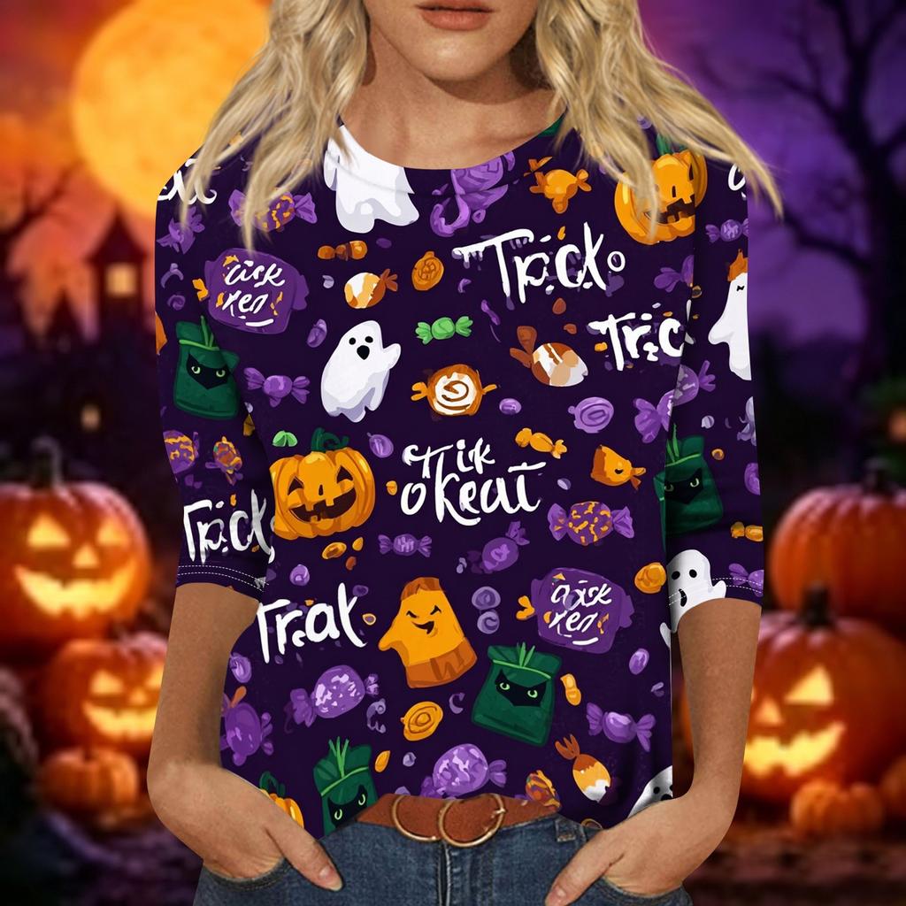 Women Casual 3/4 Sleeve Halloween Print Pullover Top Round Neck Lightweight Soft Fabric Comfortable Fit