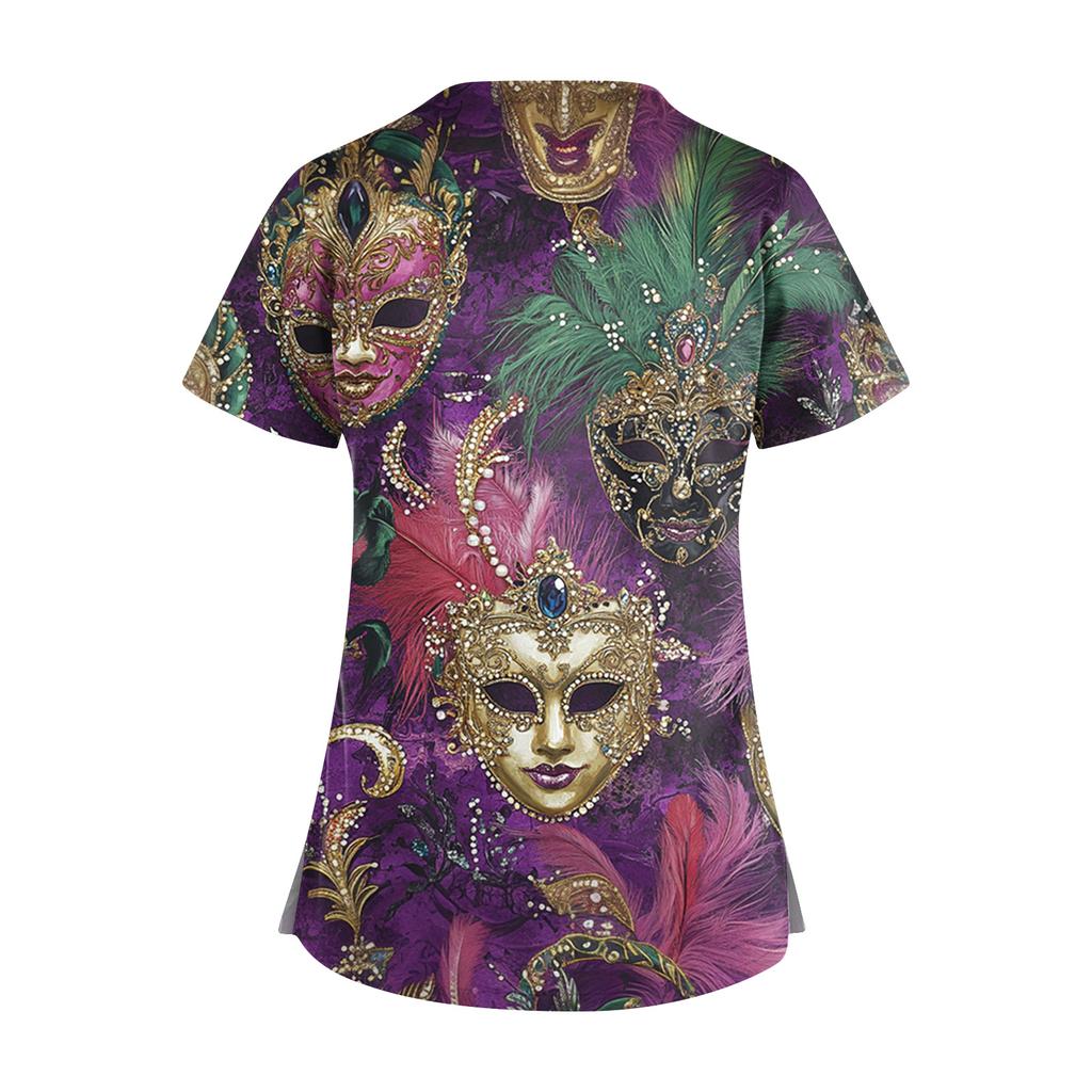 Dam Kortärmad Stagger V-ringad Tryck Ficka Torr-Topp