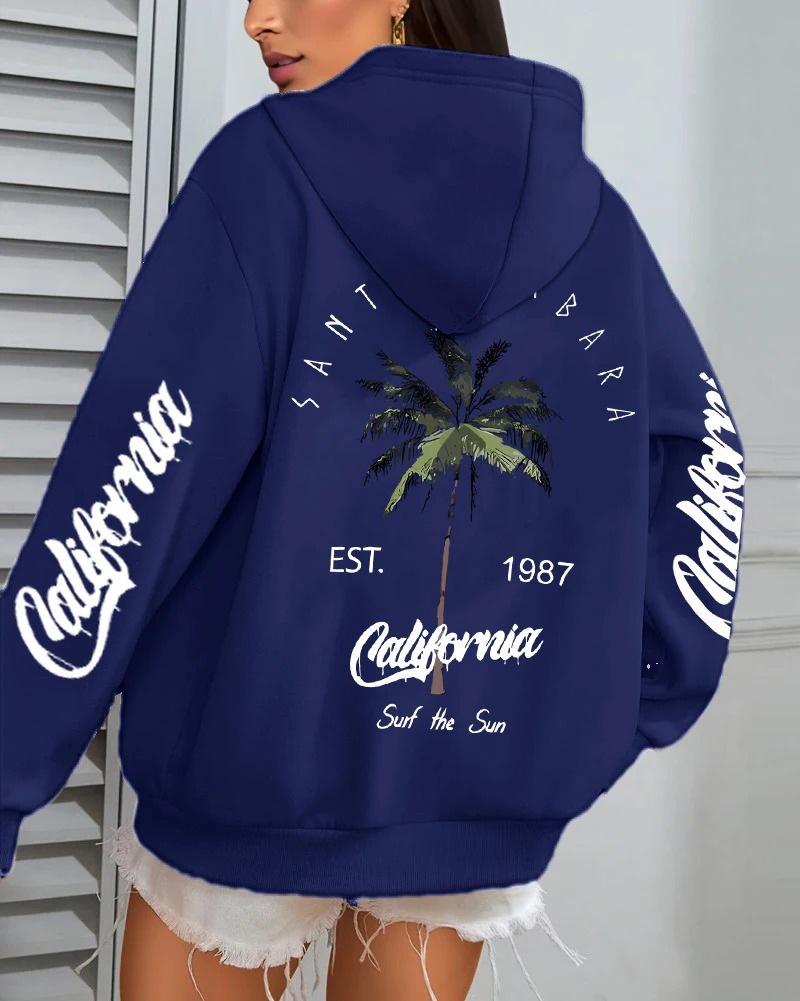 Women's Coconut Tree Print Casual Fleece Hoodie with Pockets