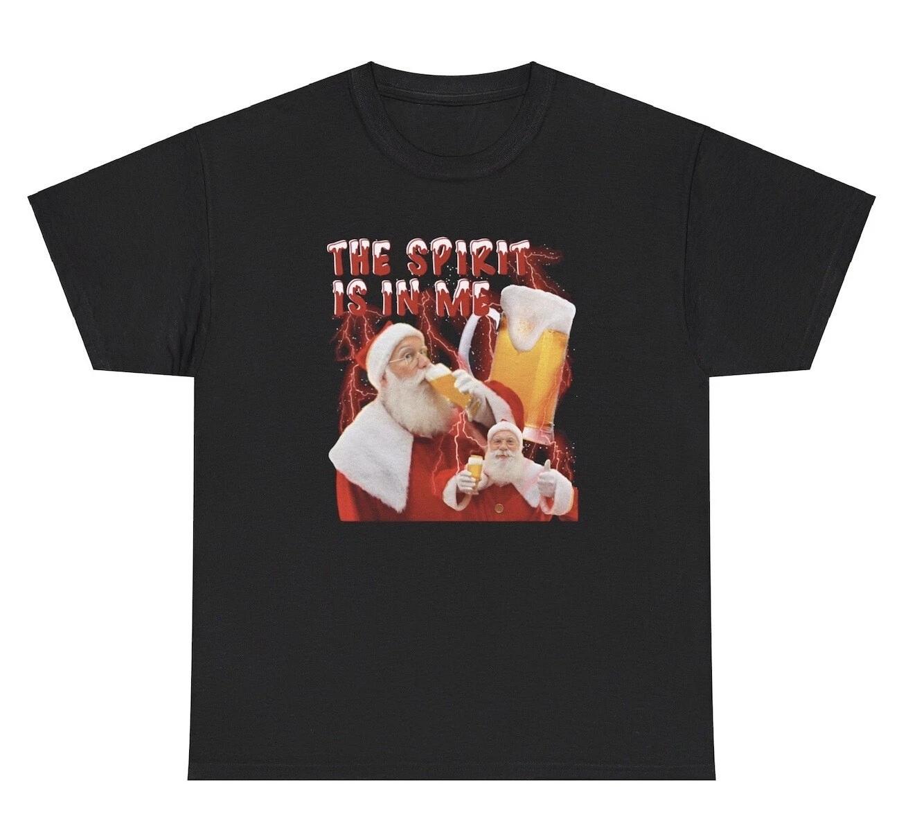The Spirit Is In Me T Shirt Funny Santa Drinking Alcohol Day Christmas Humor Tee 2XL