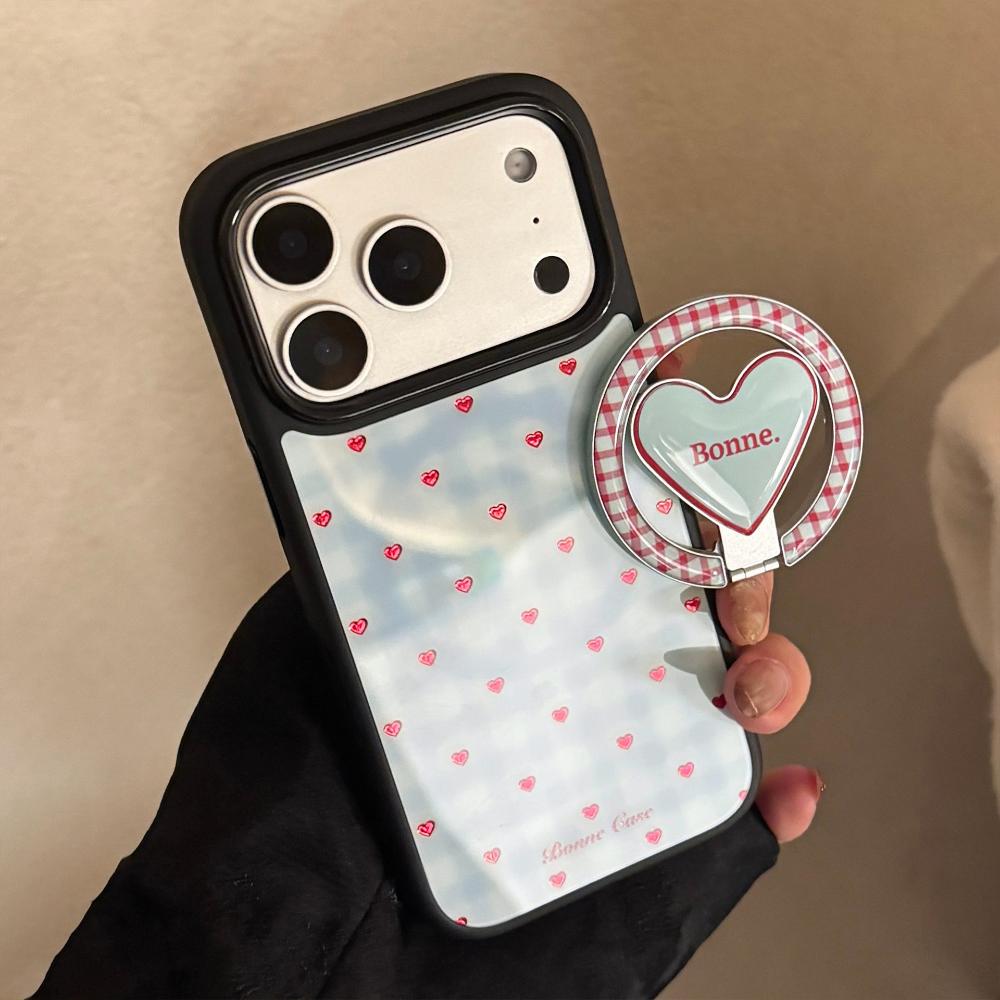 Gold-plated Blue Checkered Heart-shaped Apple IPhone 17 Pro Max Phone Case, Compatible with IPhone 16, 12, and 15 Magnetic Stand Phone Case