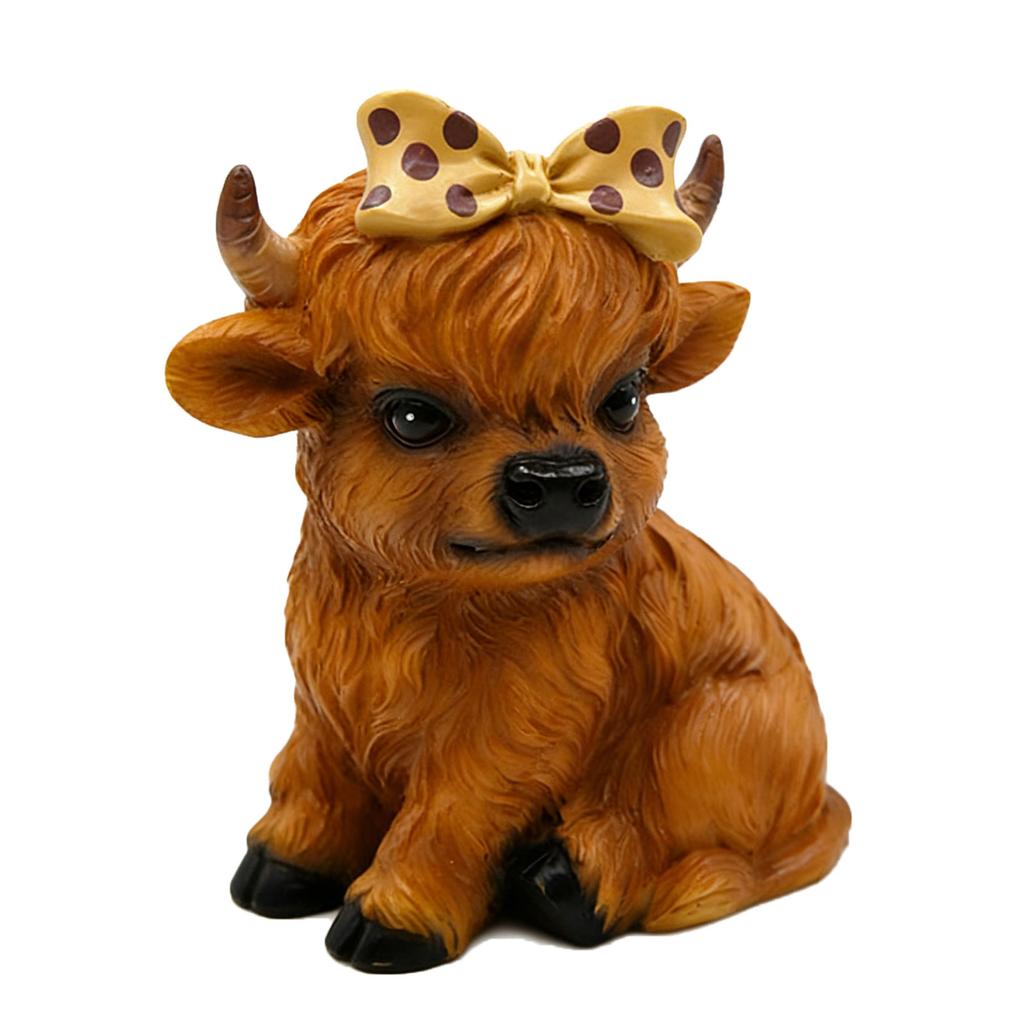 Cute Miniature High Land Cow Decoration Resin Bowknot Scottish Calf Figurine Sculpture for Home Office Ornament