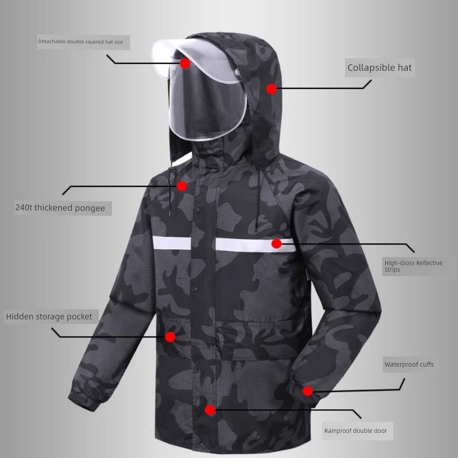 Camouflage Raincoat and Rain Pants Set for Men, Suitable for Electric Motorcycle Riders and Delivery Riders, Full-Body Storm-Proof Two-Piece Set