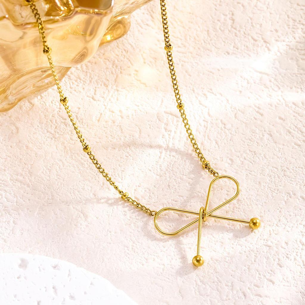 Gold Bow Pendant Necklace - Trendy Retro Style for Women