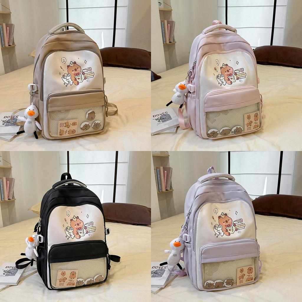 Capybara Cartoon Backpack For School Students With Breathable Nylon Material And Large Capacity