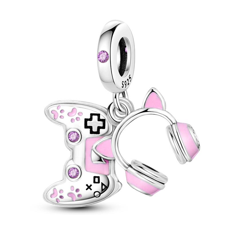 Pink Color Series Charms Beadscopper Cute Girl Pink Dangle Flower Heart Shape Pendant Fit Bangle Bracelet Necklace Jewelry
