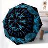 Viking Vegvisir Compass Norse Runes Umbrella - 3-Fold Compact Automatic Open/Close, 8-Rib Windproof Design with Blue Viking Ru