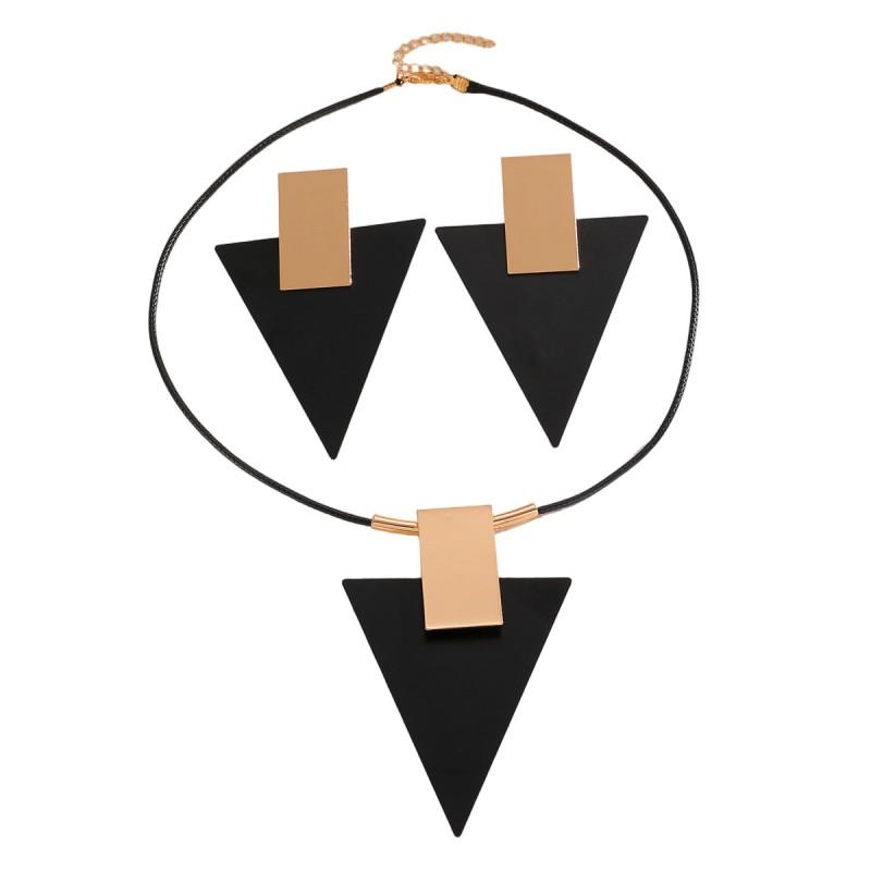 Geometric Rectangle Triangle Pendant Necklace Set With Black Cord Chain Stud Earrings Women