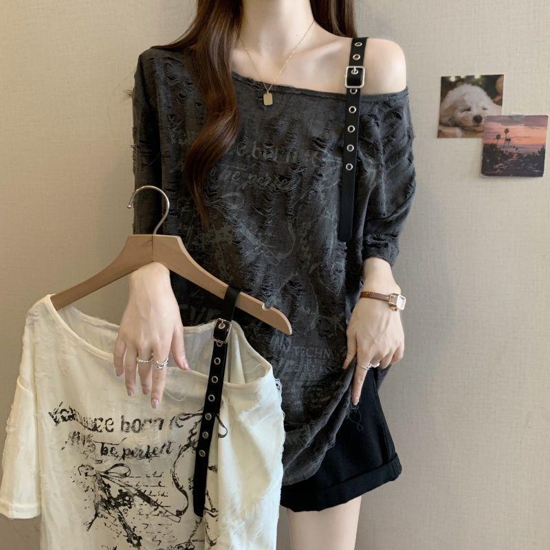 Plus Size Off-the-Shoulder Ripped T-Shirt - Loose and Flattering Summer Top for Women