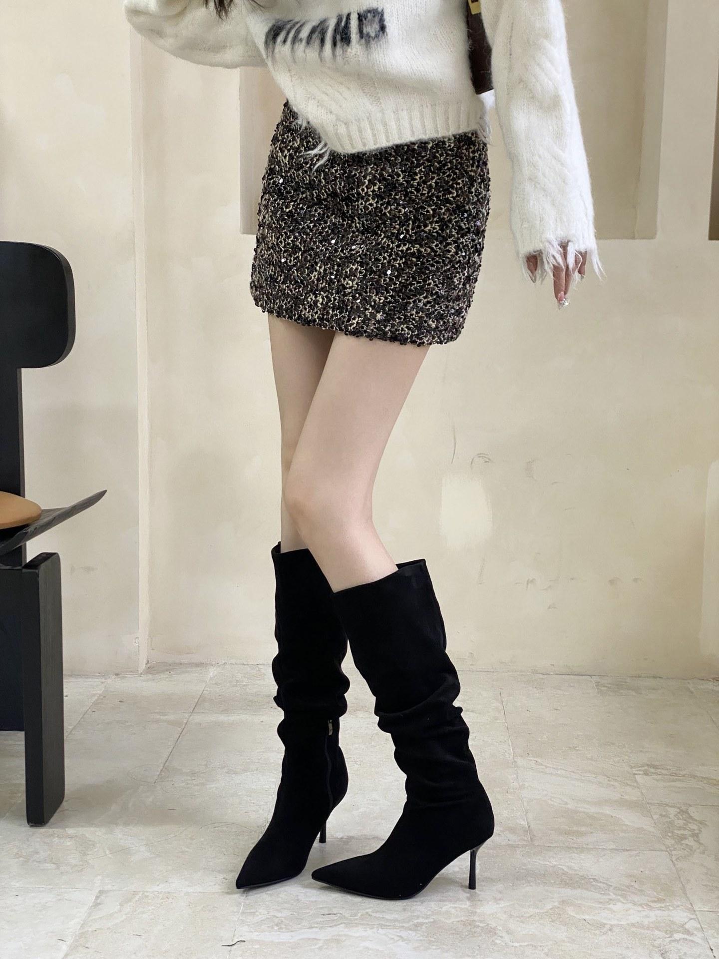 Сапоги выше колена 2026 новый стиль большие с широким голенищем ботильоны на каблуке остроносые женские узкие высокие сапоги 39 чёрный 7300₽