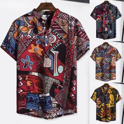 Men Beach Shirt Colorful Geometric Print Short Sleeves Buttons Turn-down Collar Cooling Loose Vintage Ethnic Men Shirt Men Clothes