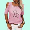 Women Fashion Cat Print Tee Shirt Female Spring Summer&fall Round Collar Off Shoulder Casual Short Sleeve T-shirt