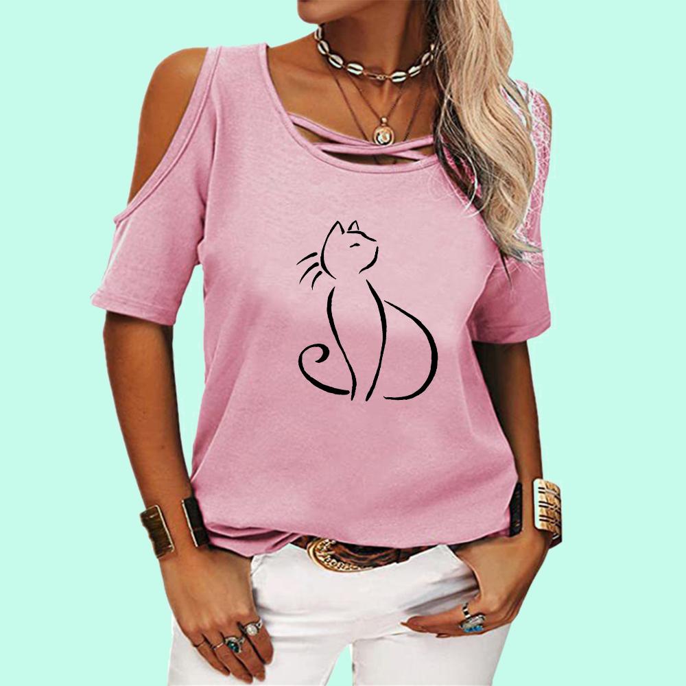 Women Fashion Cat Print Tee Shirt Female Spring Summer&fall Round Collar Off Shoulder Casual Short Sleeve T-shirt