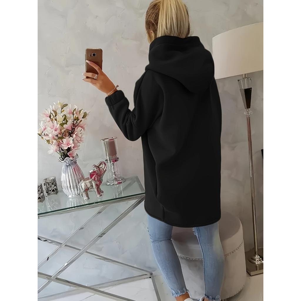 Women's Long Sleeved Casual Black Hooded Jacket Sweatshirt with Front Pocket Zipper Hoodie