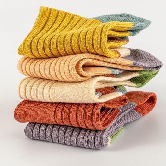 5 Pairs Women Candy Color Splicing Design Socks, Mid-tube Ribbed, Breathable, Sweat-absorbent, High Elastic