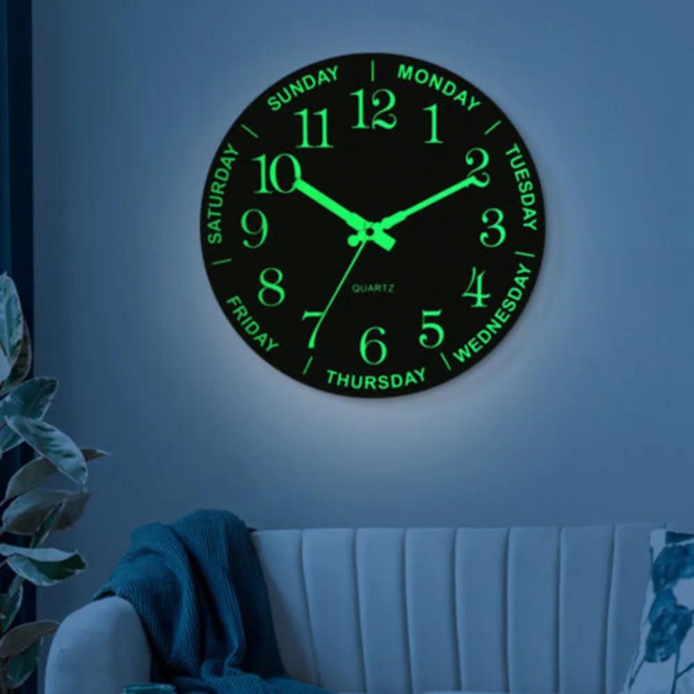Large Luminous 3D Quiet Wall Clock Glow in The Dark Quartz Battery Powered Home Decor 12-hour Display Night Clock 12*12*1.6inch
