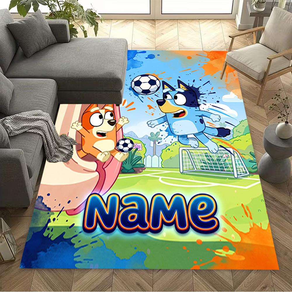 Bluey's Soccer Fun Customizable Name Carpet Design for Outdoor Balcony Hallway Decorate room Anti-slip Rug Anime Office Decor