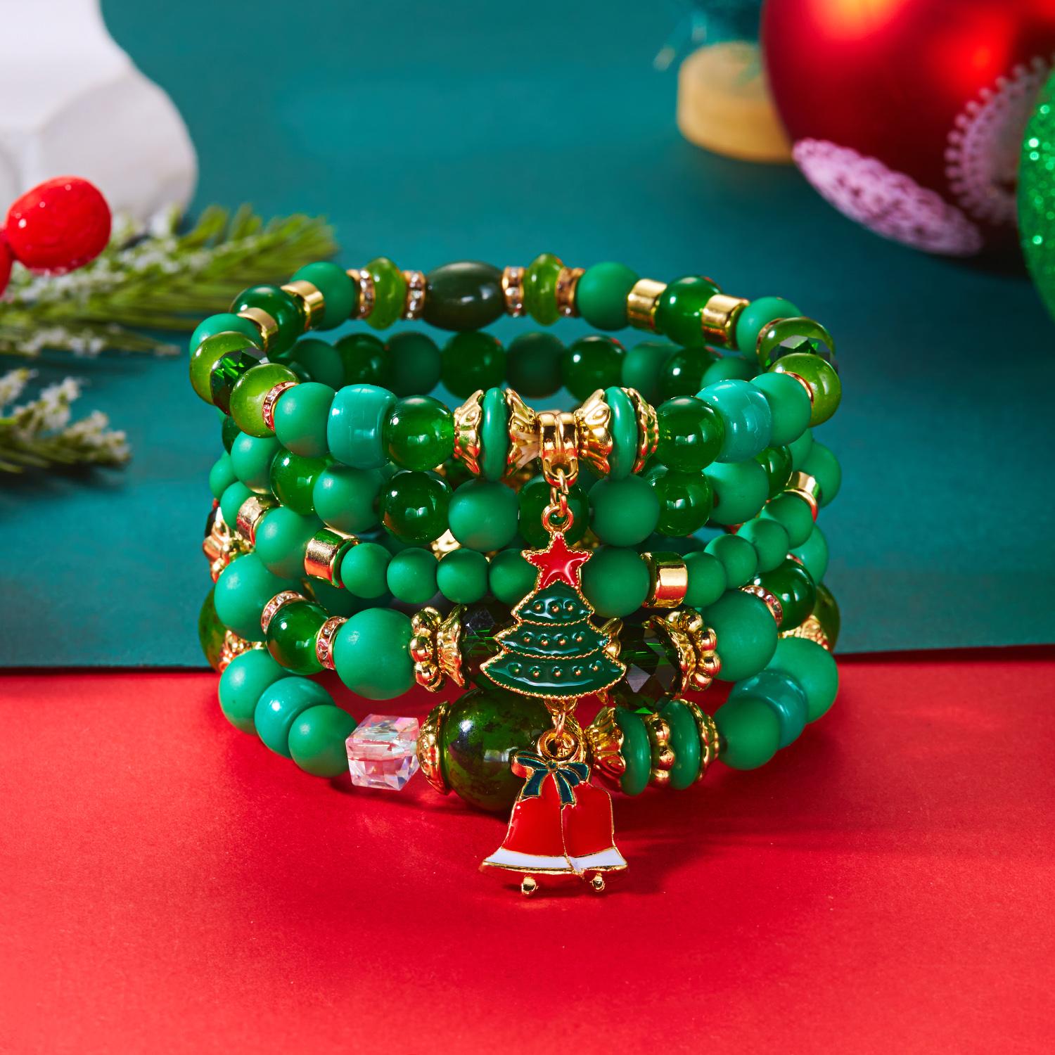 

4Pcs/Set Creative Colorful Christmas Beaded Bracelets Santa Claus Snowman Tree Bell Charm Bracelet Women New Year Gift Jewelry