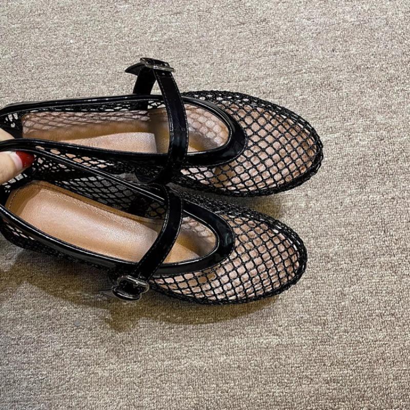New Round Headed Mesh Hollowed Out Women's Shoes with One Button Mary Jane Ballet Flat Shoes Fishing Net Shoes